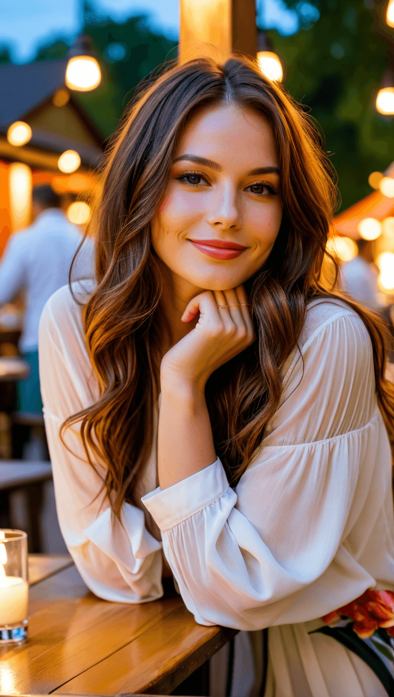 AI generated: 3/4 shot, photograph of, a beautiful woman, brunette hair with auburn highlights, full lips, and a b...