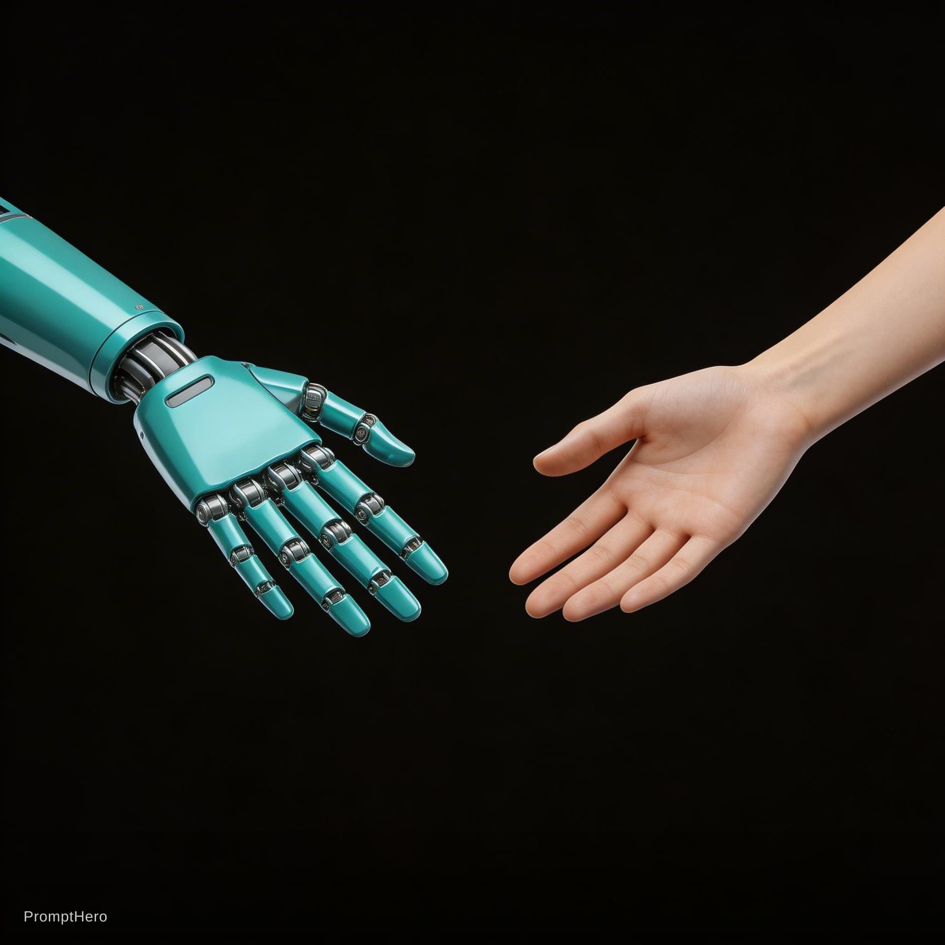 AI generated: 2 Hands. Hand 1: Robot hand, colour turquois metal, relaxed open palm downward. Hand 2: Human, femal...