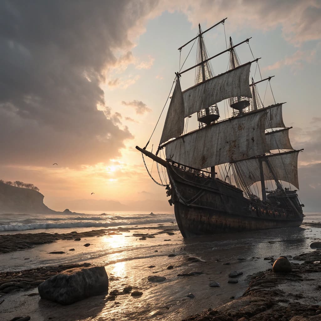 AI generated: Photo of a ultra realistic sailing ship, dramatic light, pale sunrise, cinematic lighting, battered,...