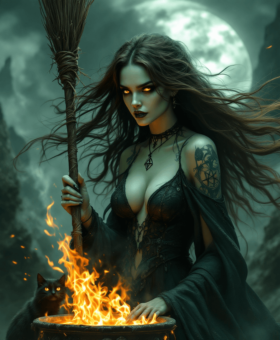 AI generated: A photorealistic, ((UHD)) studio quality portrait of a beautiful brunette witch with extremely long ...