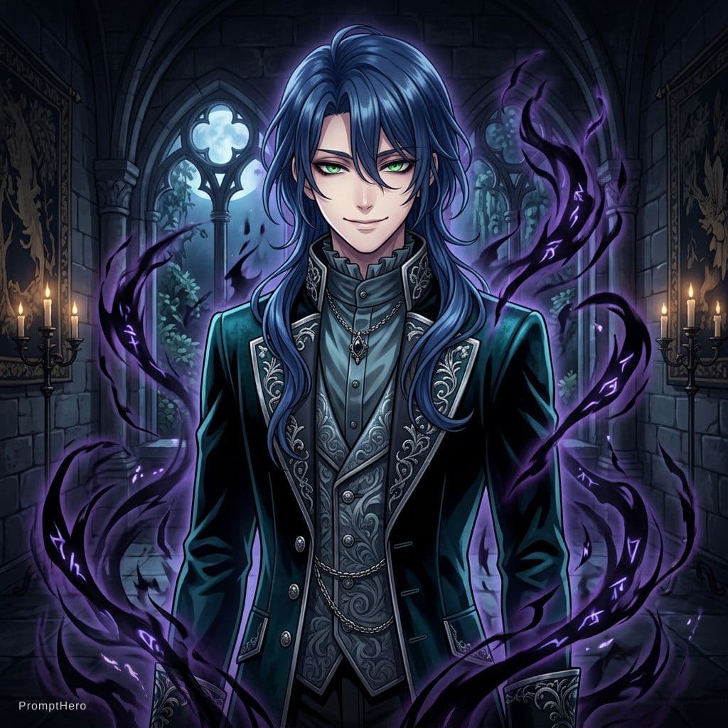 AI generated: animate, beautiful but dangerous young man, tall, half length to shoulder blue hair, green eyes, wea...