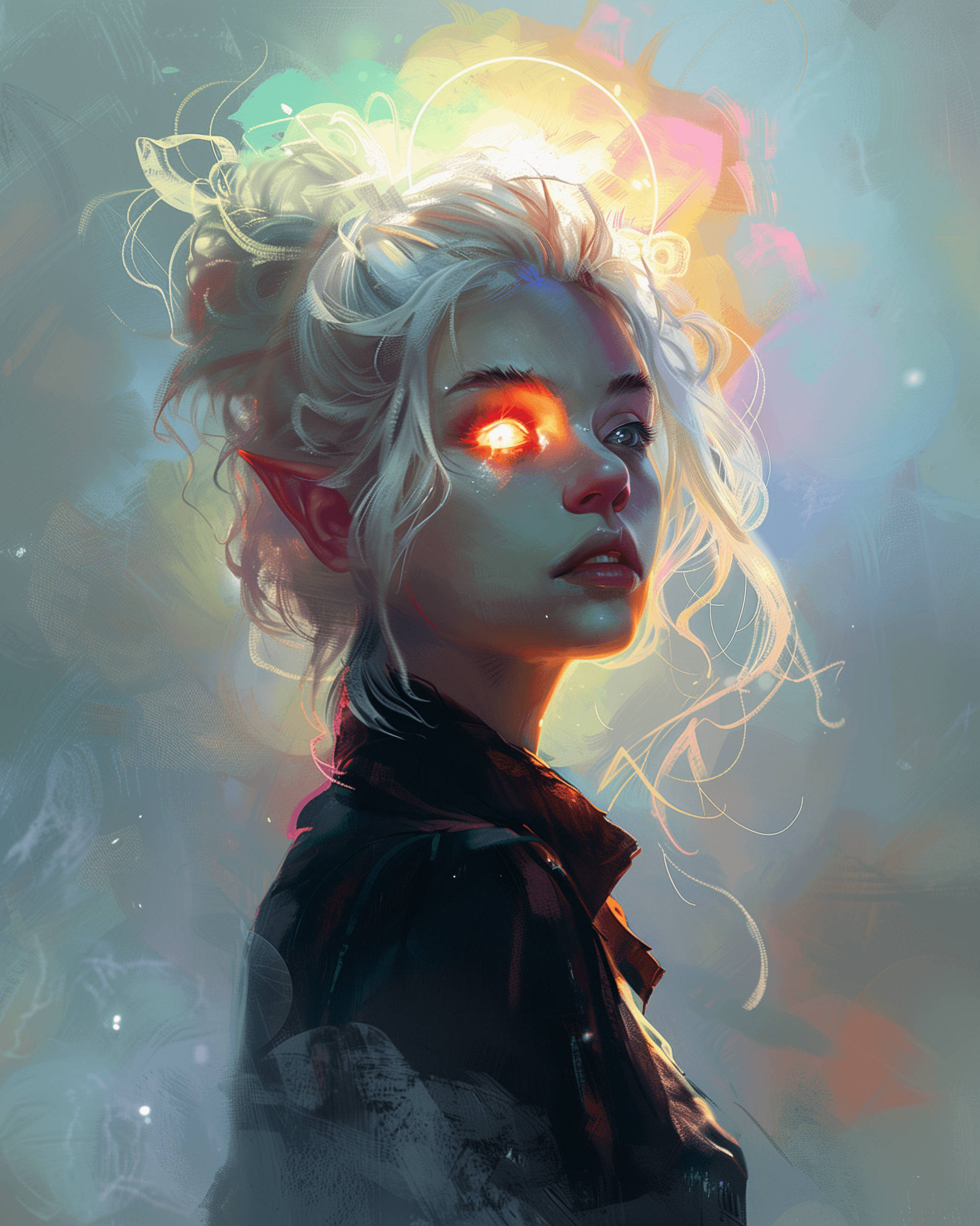 AI generated: A female elf with glowing eyes, she has white hair in an updo and is wearing a dark jacket. She stan...