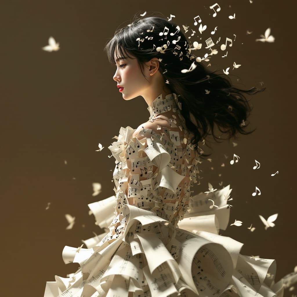 AI generated: Side profile, beautiful woman in a paper dress made of musical notes, inspired by Makoto Shinkai,