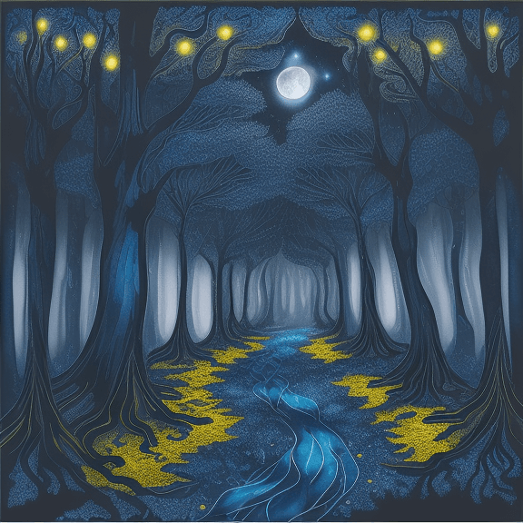 AI generated: By Rebecca Vincent, Megan Duncanson, full moon behind arabesque forest trees, a narrow pathway glowi...