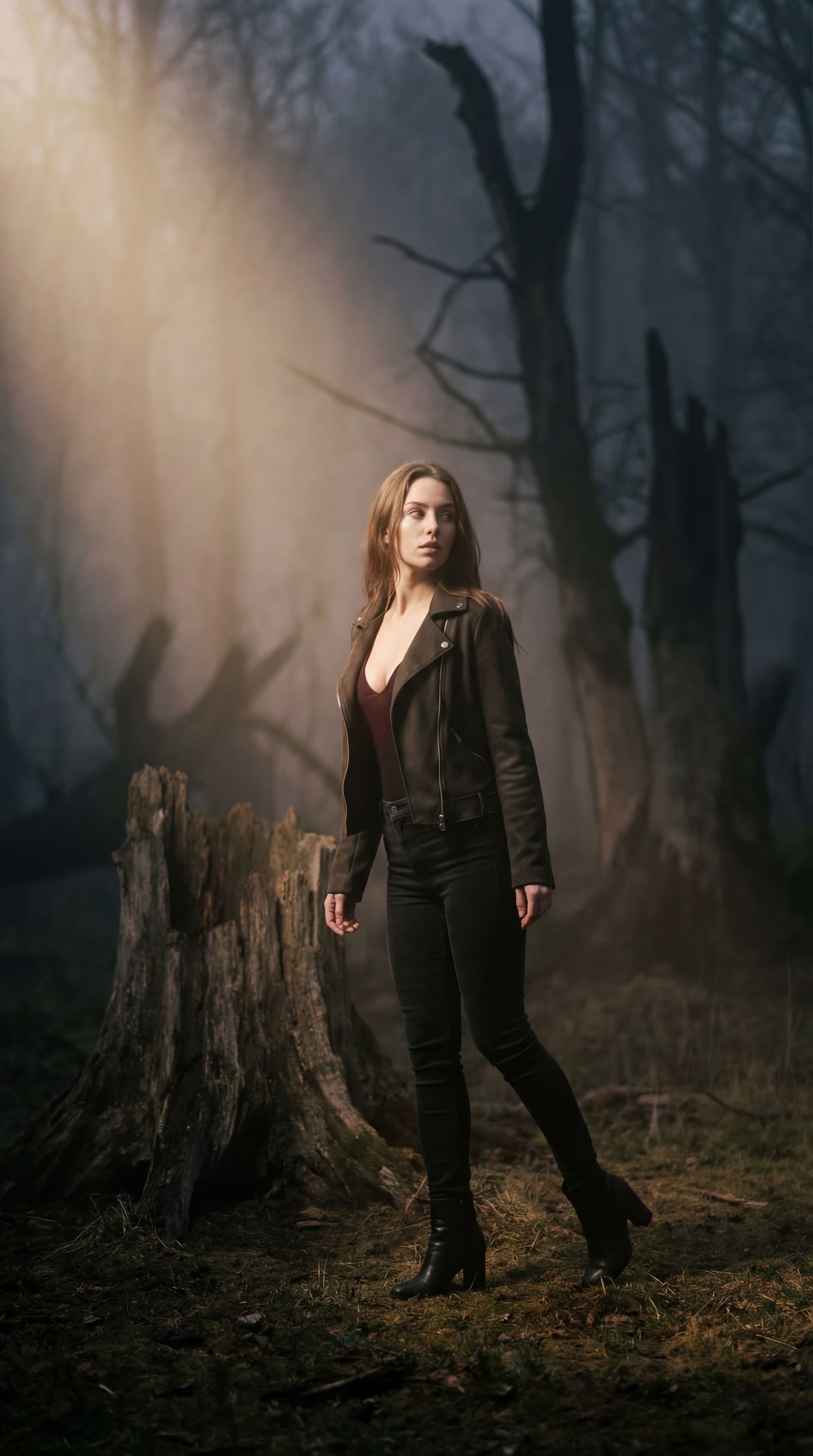 AI generated: A professional photo is in a forest clearing, creating an atmosphere of mystery and potential danger...