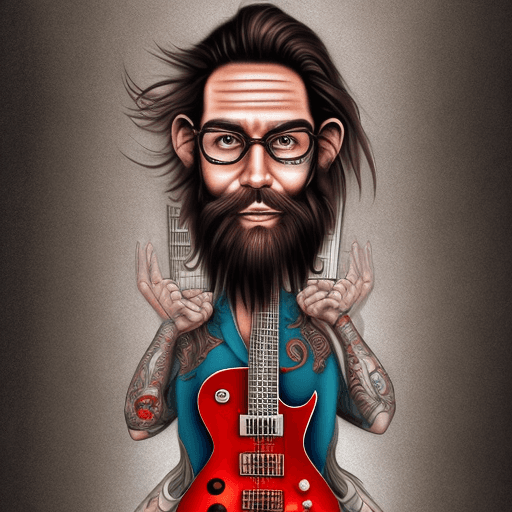 AI generated: Perfect digital painting of a caricature of a man entire body with long hair, short beard and tattoo...