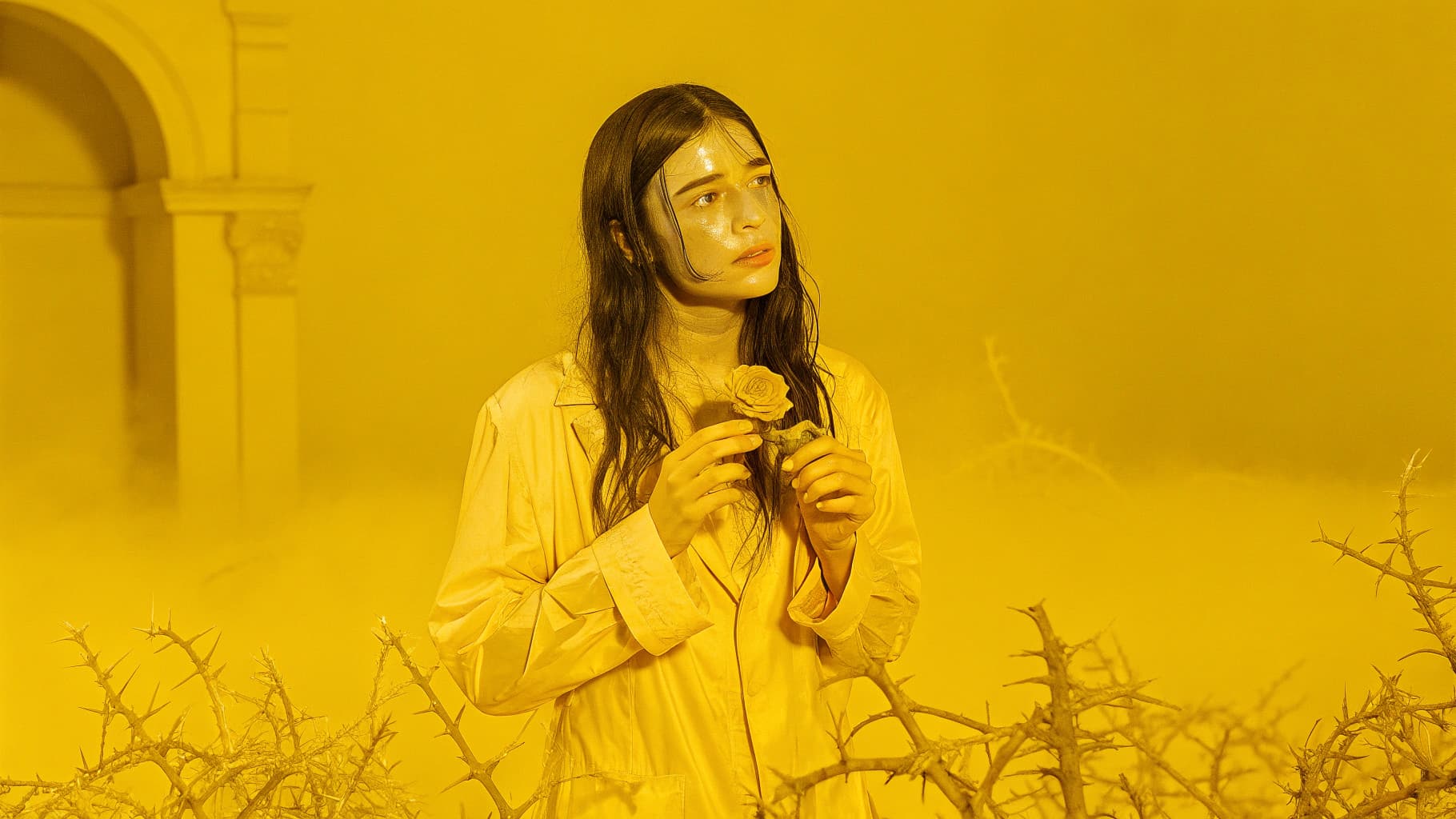 AI generated: A close-up of Eve standing amidst a field of thorny bushes, holding a single wilted flower in her ha...