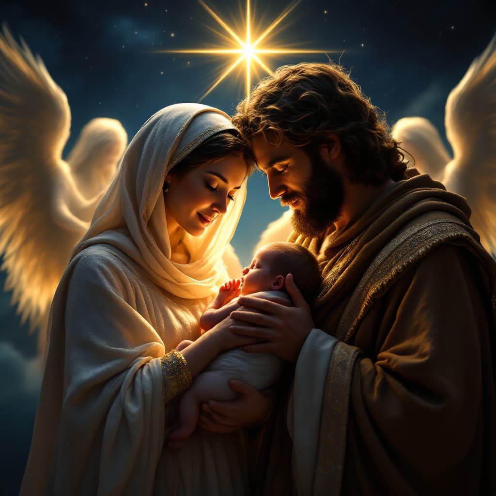 AI generated: An ultra-realistic and cinematic depiction of Mary and Joseph lovingly holding baby Jesus in their h...