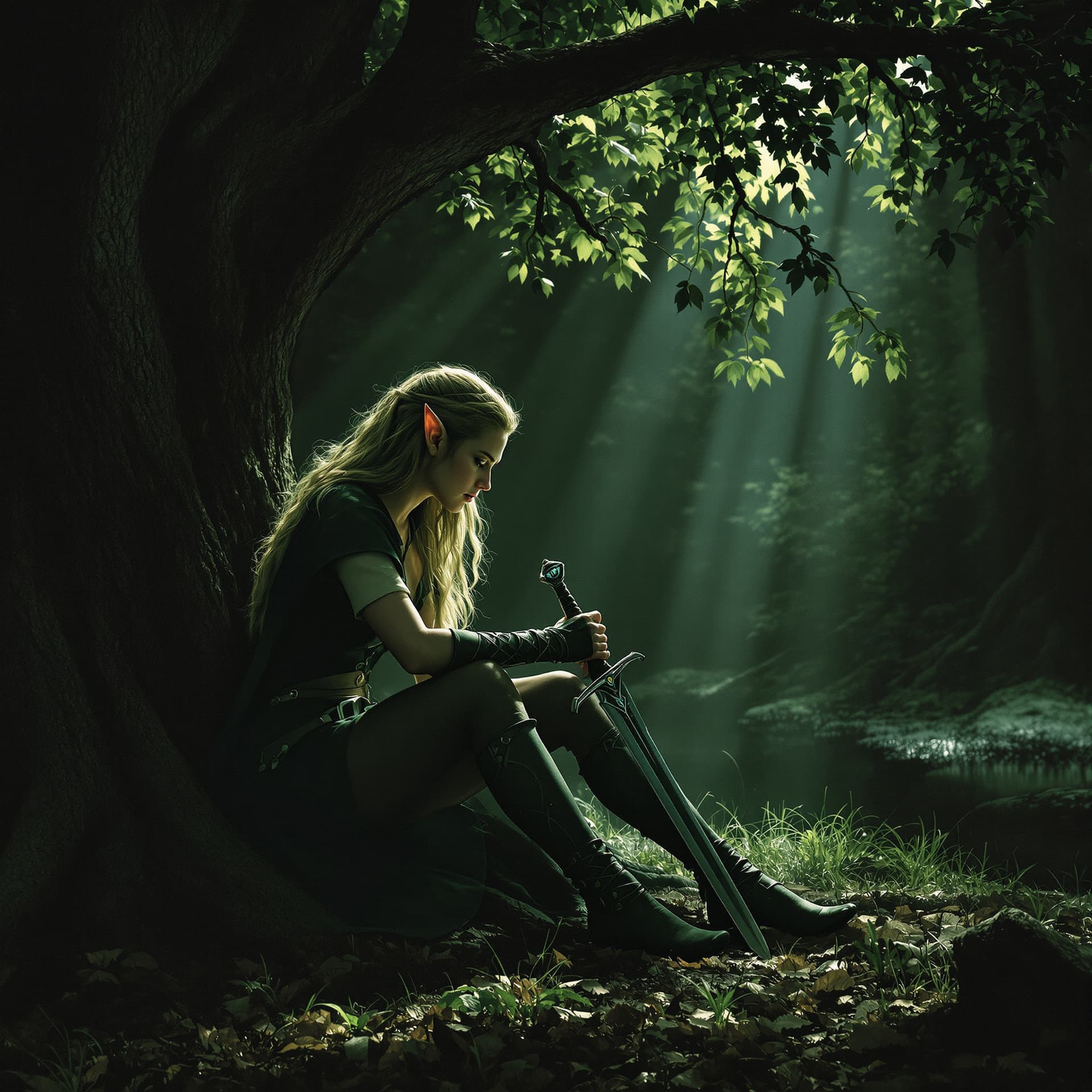 AI generated: female lord of the rings warrior elf sitting under a tree in Lothlórien, watching and expecting an i...