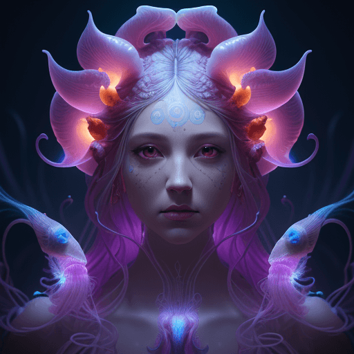 AI generated: Goddess close-up portrait ribcagel. jellyfish phoenix head, nautilus, orchid, skull, betta fish, bio...