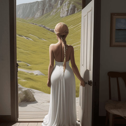 AI generated: The photo is taken in a mountain. The girl is standing near the door (we can see the beach at a dist...