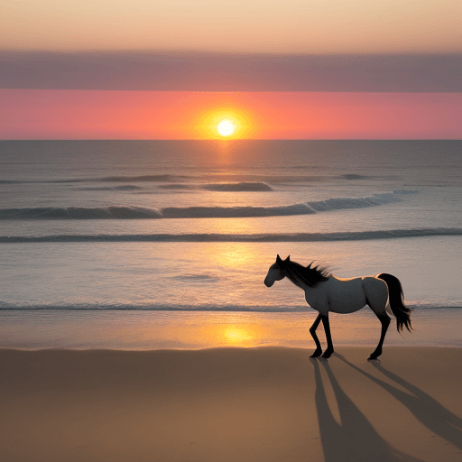 AI generated: Outer banks sunrise with wild horse on beach, canon mark iv photo realistic