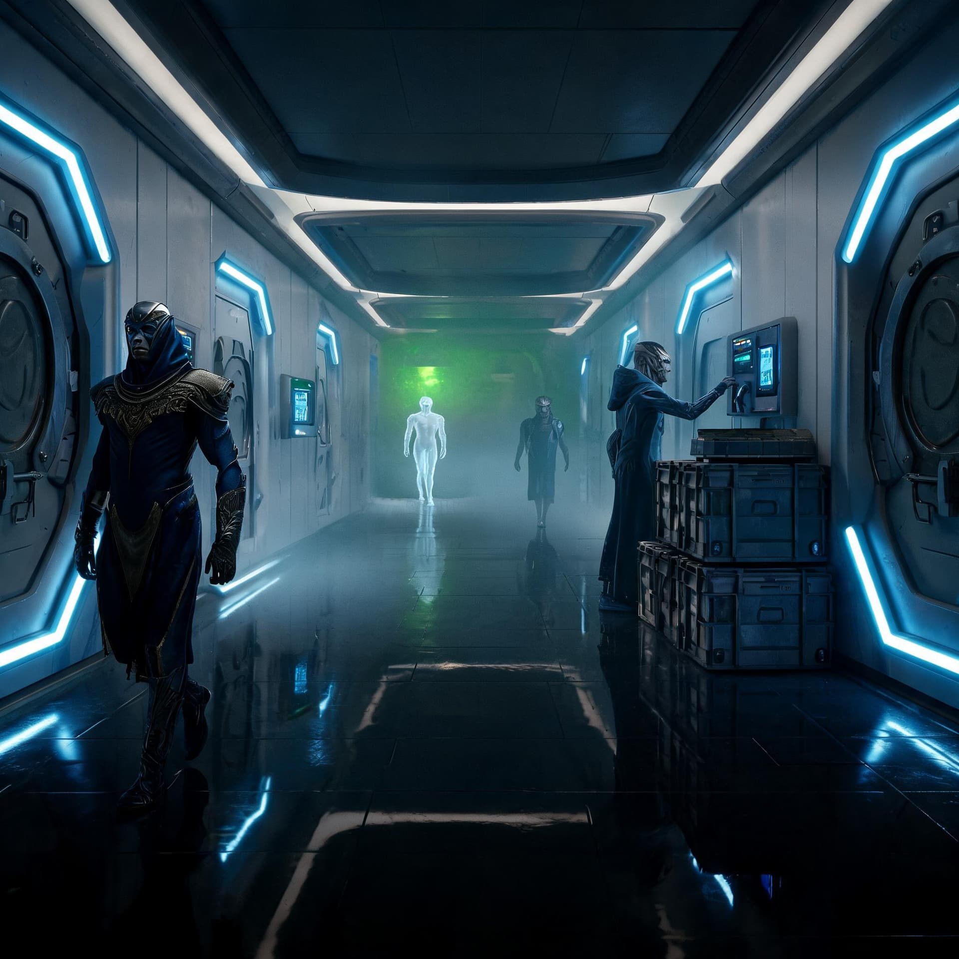AI generated: A tense cinematic science-fiction corridor scene inside a futuristic lunar research base. In the for...