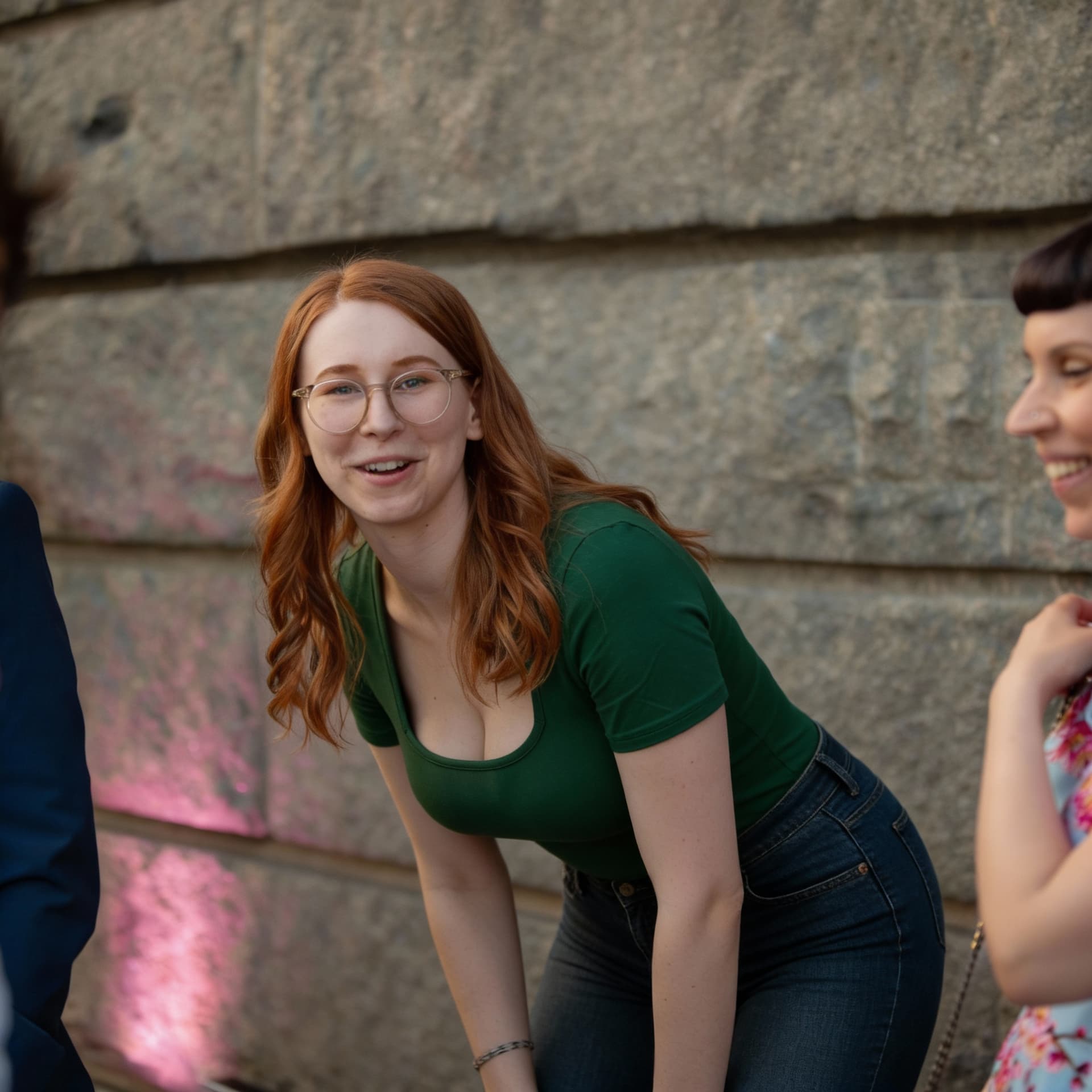 AI generated: beautiful red-headed woman stood up, slightly bent over, in tight jeans 