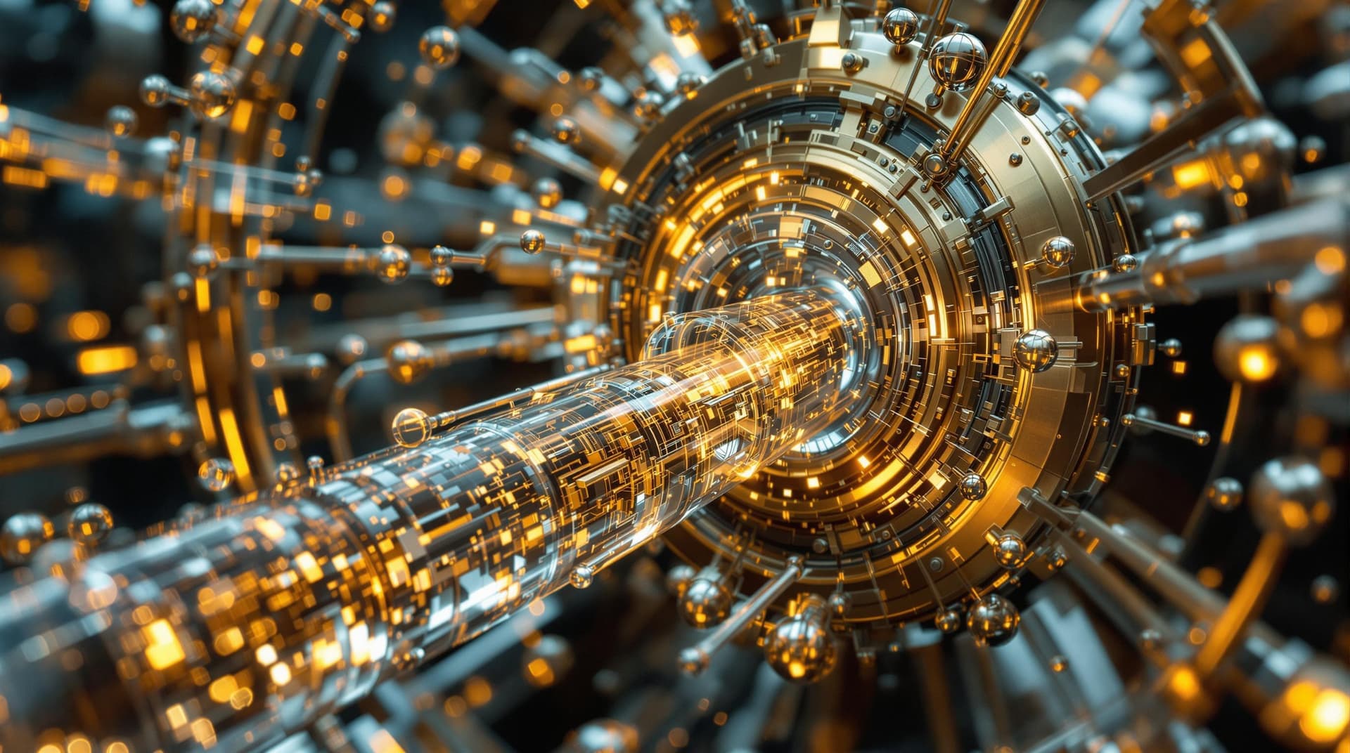 AI generated:  glass and metal steampunks self teleportation to the future, in tubular  collums, of glowing  trans...