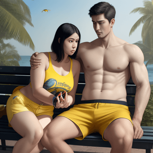 AI generated: "a skinny looking thin guy in yellow shorts with a fish print flexes his muscles in front of a curva...