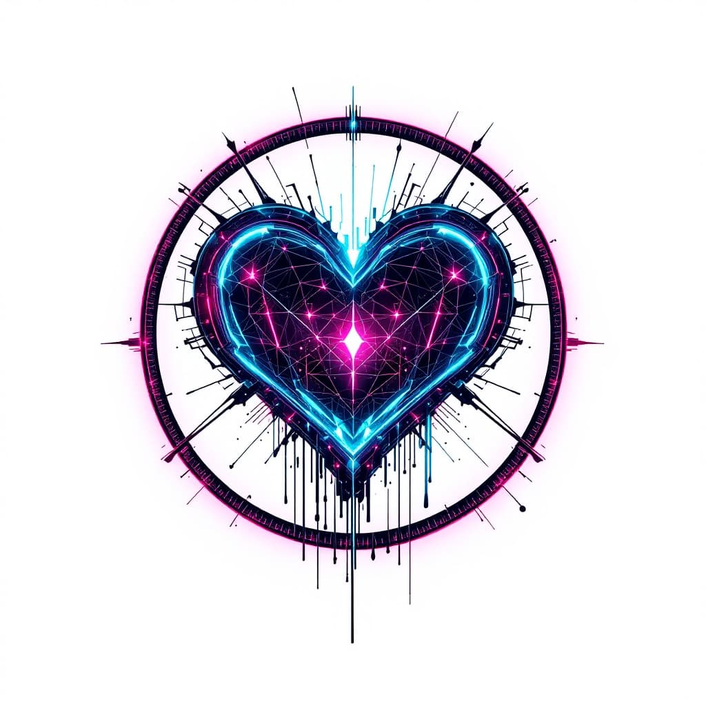 AI generated: A cyber punk unique heart emblem in a circle on a white background
