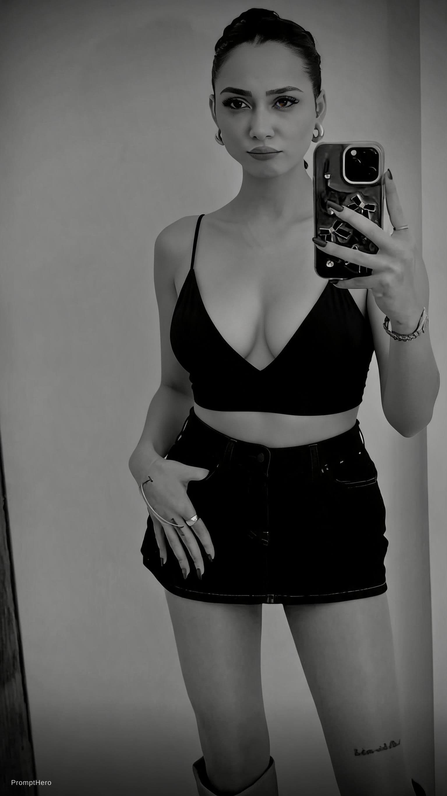 AI generated: Change the outfit to a crop top with straps and a deep neckline. Dress her in a very very short mini...