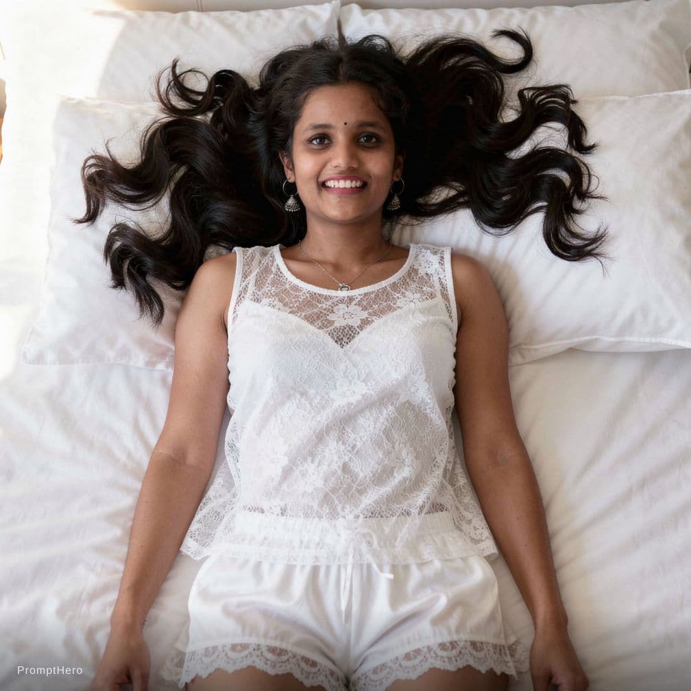 AI generated: Create a high-resolution photograph of a fit adult woman lying on her back in a bed covered with pri...