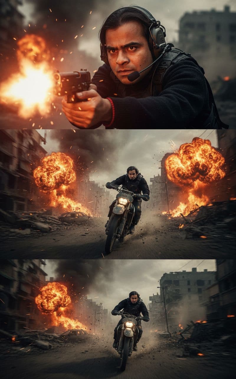 AI generated: ""Start with a close-up on the man's determined face as he fires the gun, muzzle flash illuminating ...