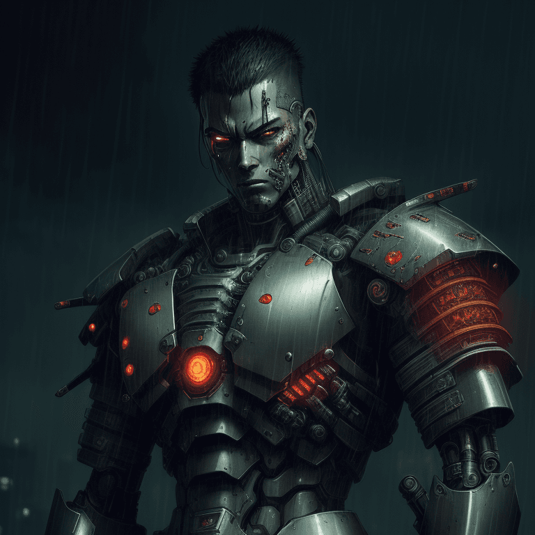 AI generated: digital wallpaper, a brutal cyborg samurai in cyberpunk armor, alone, glowing elements, intricate ar...