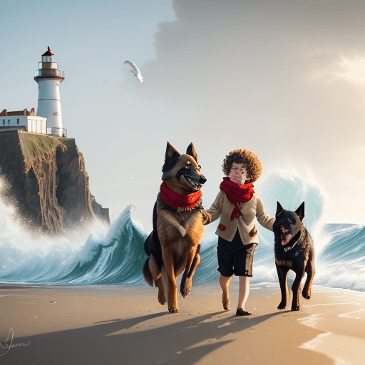 AI generated: Happy smiling dark colored mix of Gold Retriever and German Shepherd. Feathers blowing in the wind w...