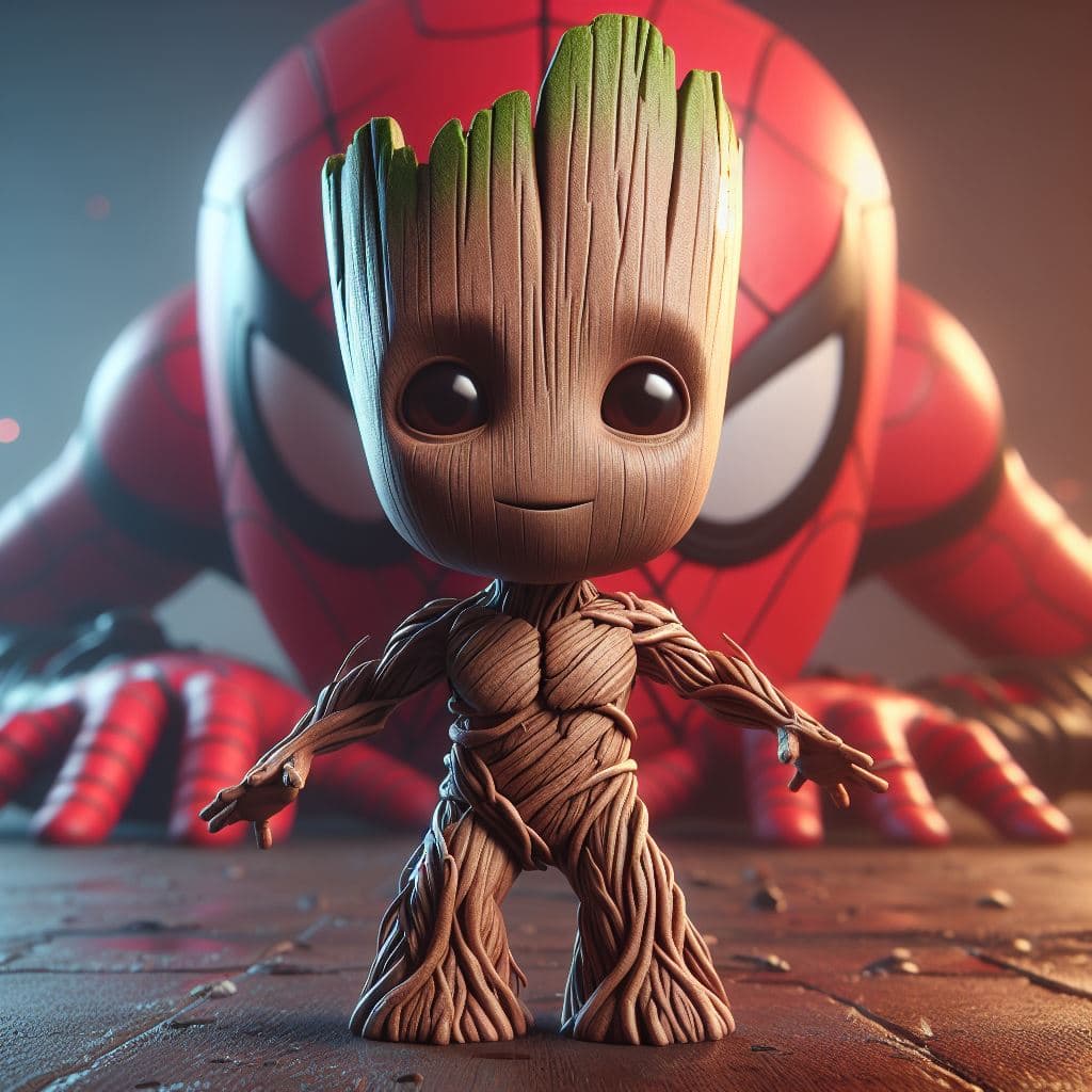 AI generated: Baby Groot of Marvel, disfrazado de Spiderman masterpiece, 8K, octane render, ray-tracing