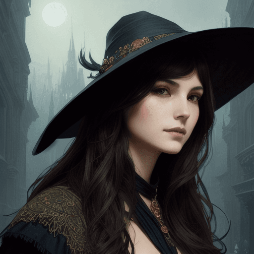 AI generated: Full height Portrait of young woman, centered portrait, brimmed witch hat, intricate details, highly...