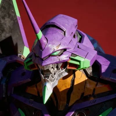 AI generated video: Earth Zoom Out of An imposing, close-up shot of a towering Evangelion Unit-01 head, rendered in vibr...