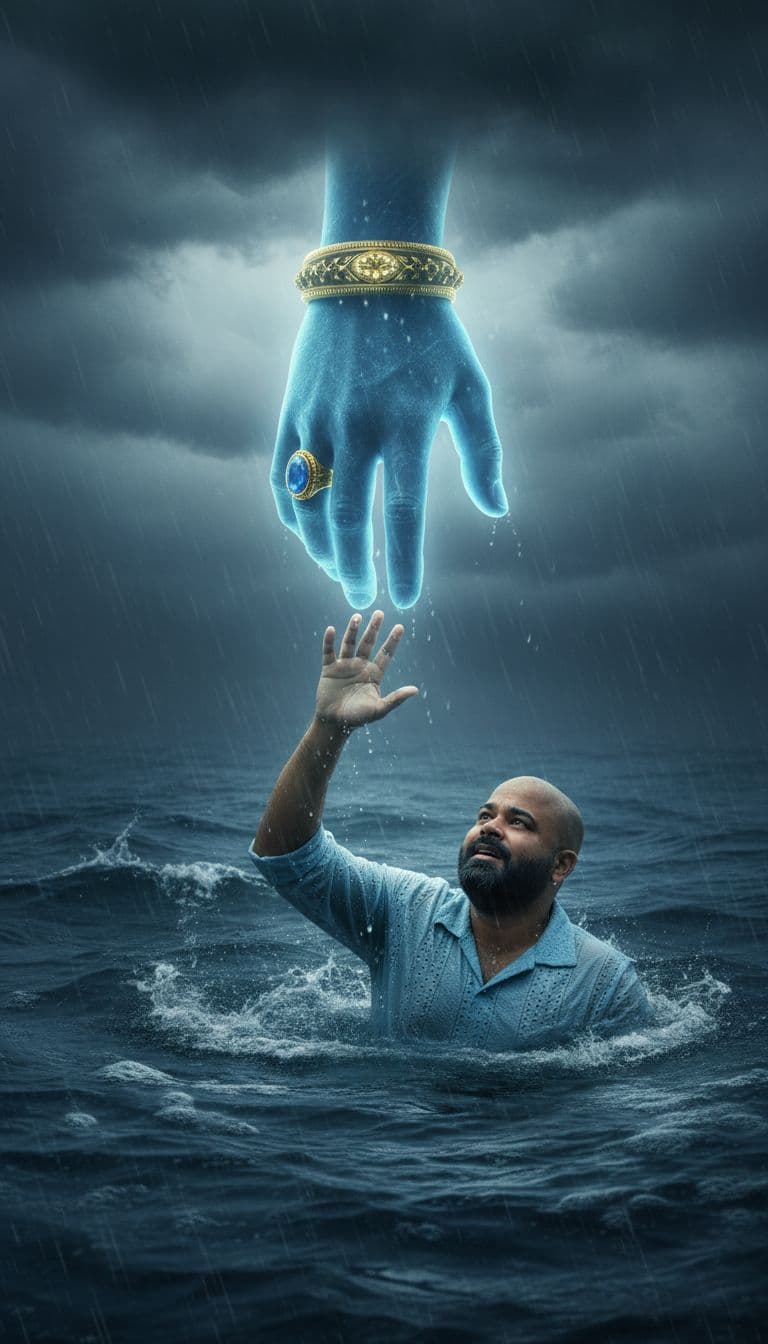 AI generated: A hyper-realistic, cinematic photograph of a young man, soaked and struggling in the deep, turbulent...