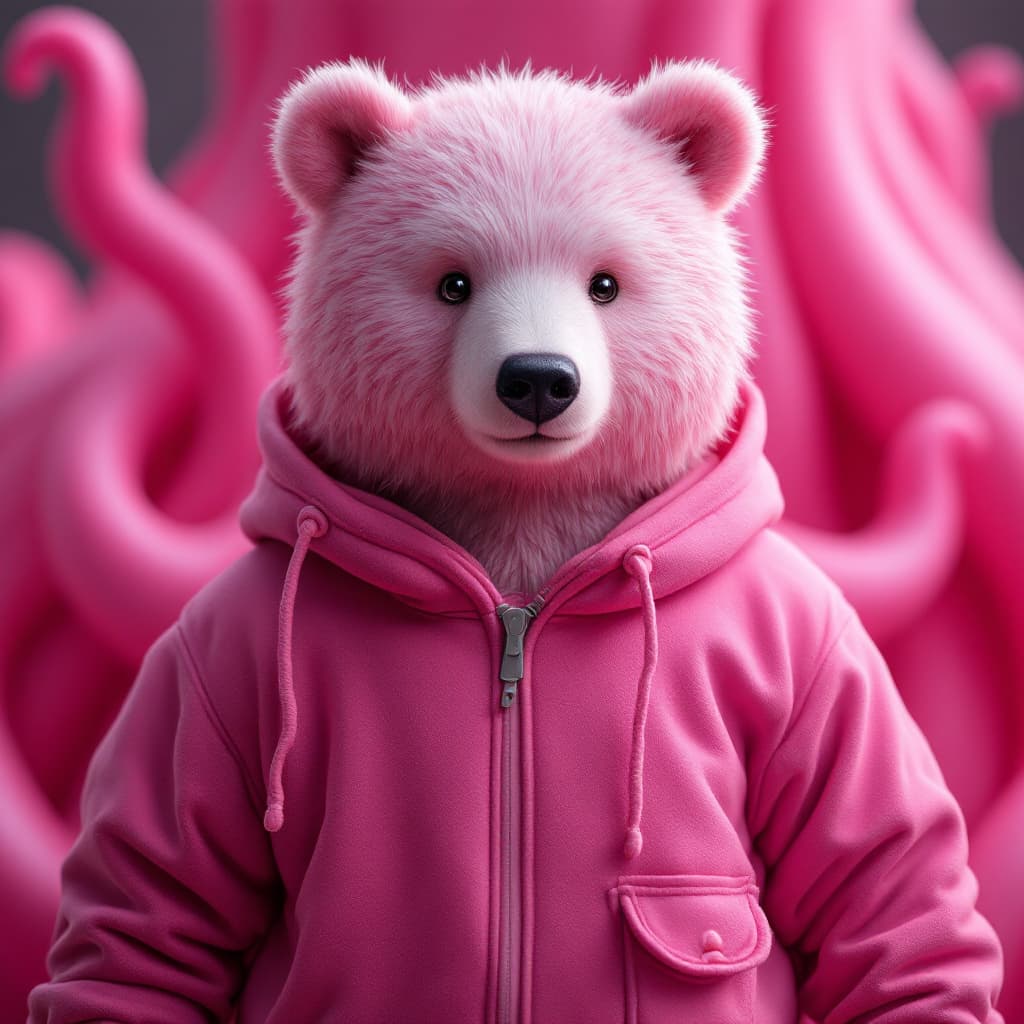 AI generated: standing bear in pink squid game suit with blurred squid game doll behind as background, photograph,...