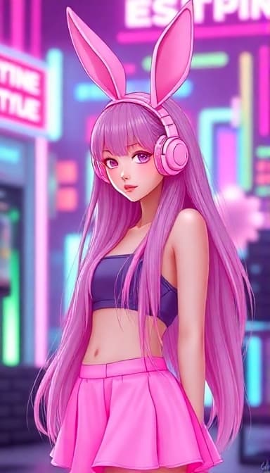 AI generated: The pink bunny girl in the cyber world is a cyberpunk (full body photo), with beautiful long hair, w...