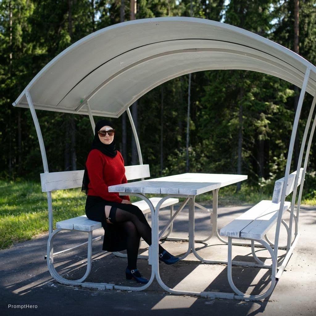 AI generated: Change composition of picture 1. Woman shoud seat on the bench of alcove like alcove on picture 2. S...
