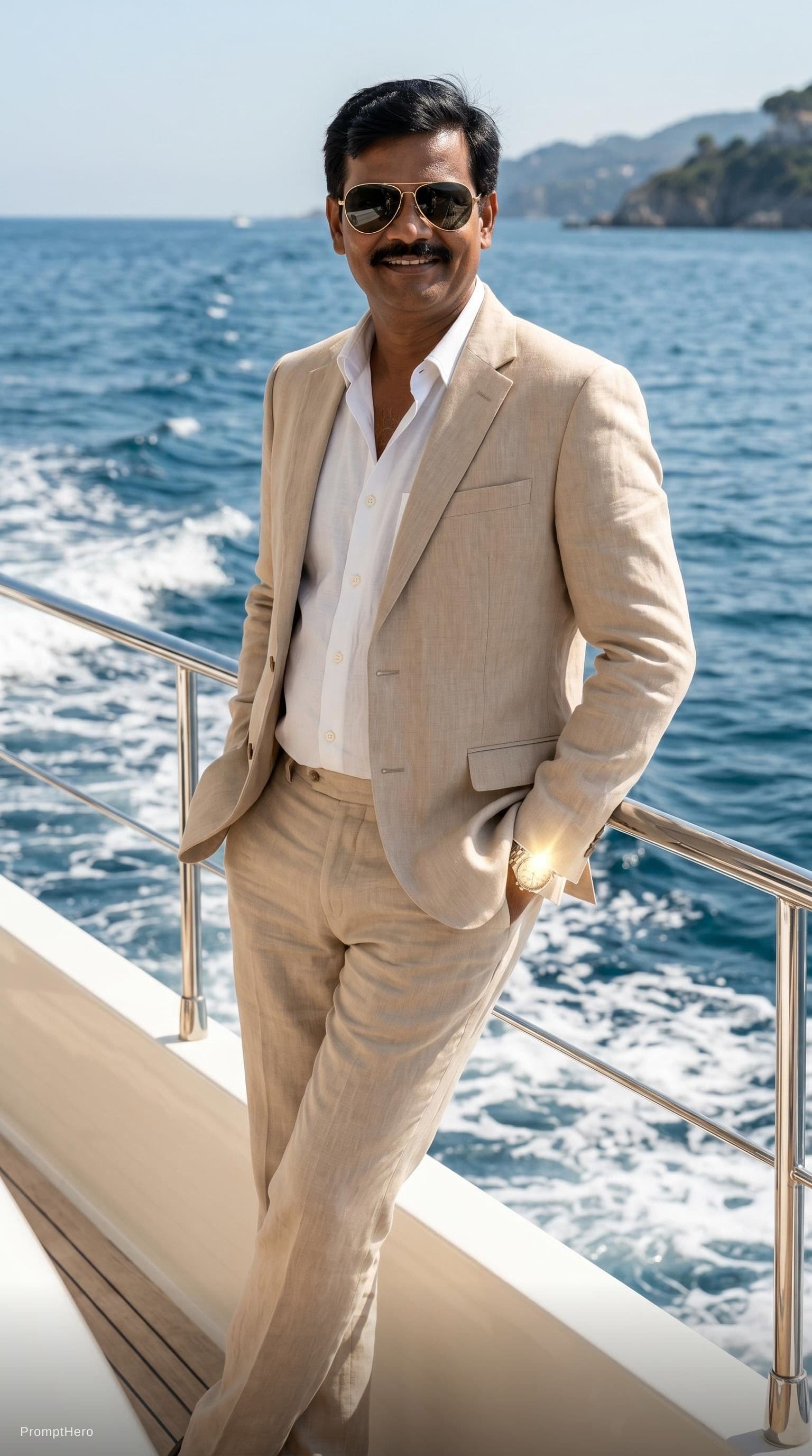 AI generated: Create a high-end fashion image of a male model wearing a tailored summer suit with an open shirt. P...