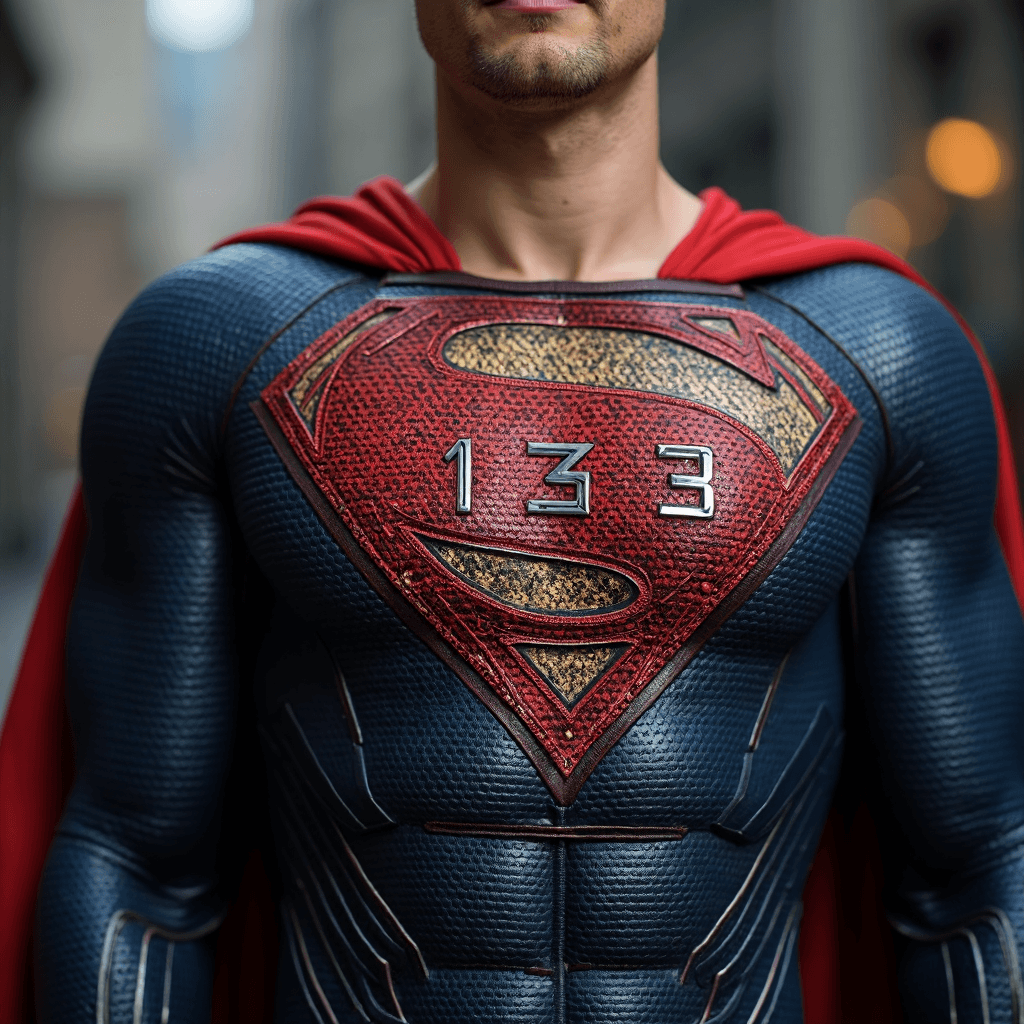 AI generated: photo of a superman in his superhero suit where superman logo replaced with numbers "133",red logo t...