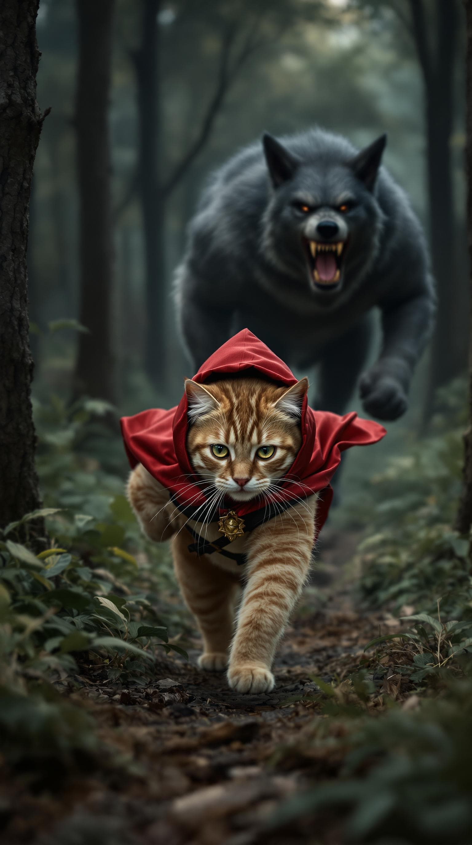 AI generated: anthropomorphic cute cat, wearing the costume of the fairy tale character Little Red Riding Hood, re...