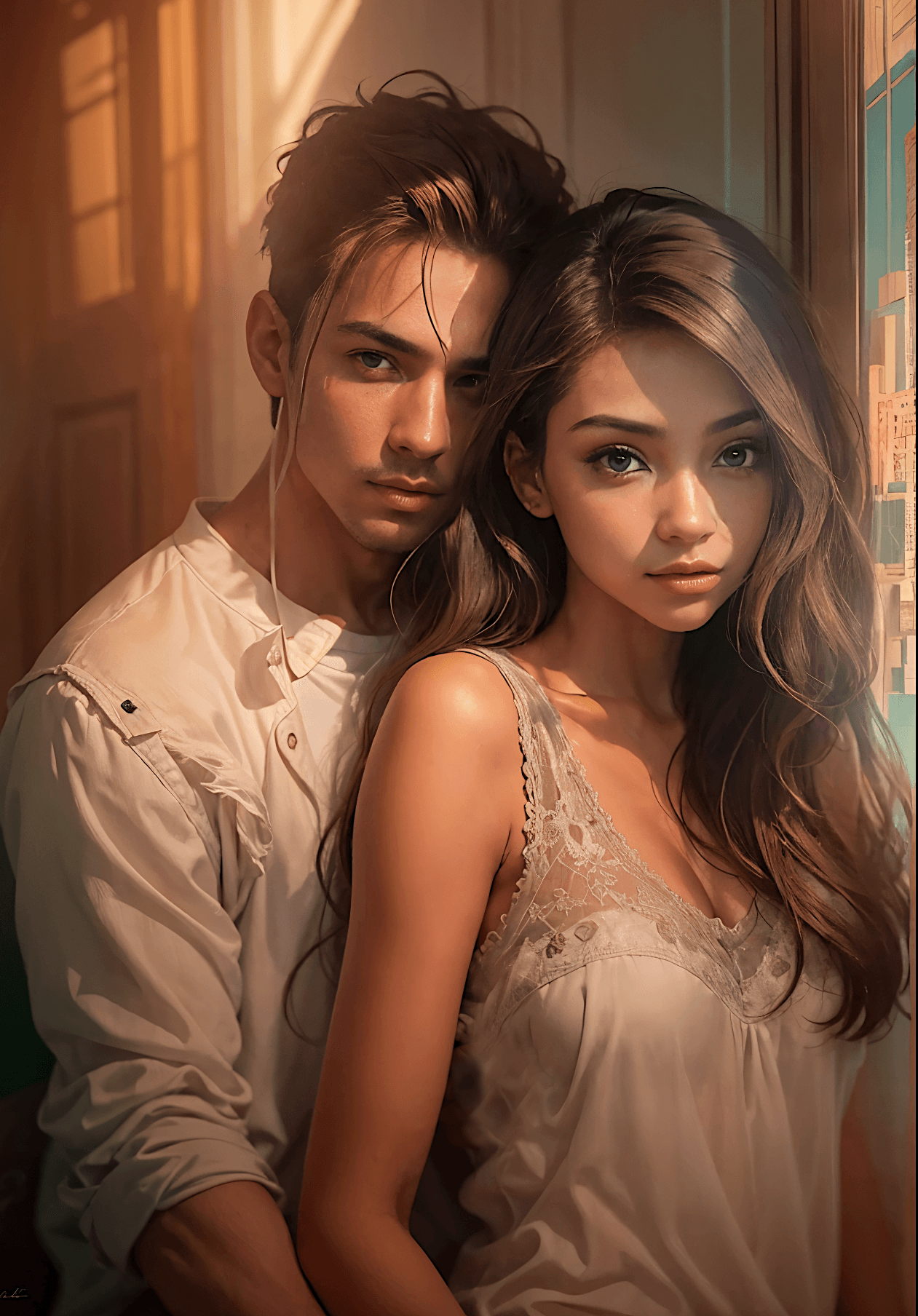 AI generated: 1girl, 1boy, Fabio and Alma, beautiful young couple, love embrace, detailed faces, wearing casual cl...