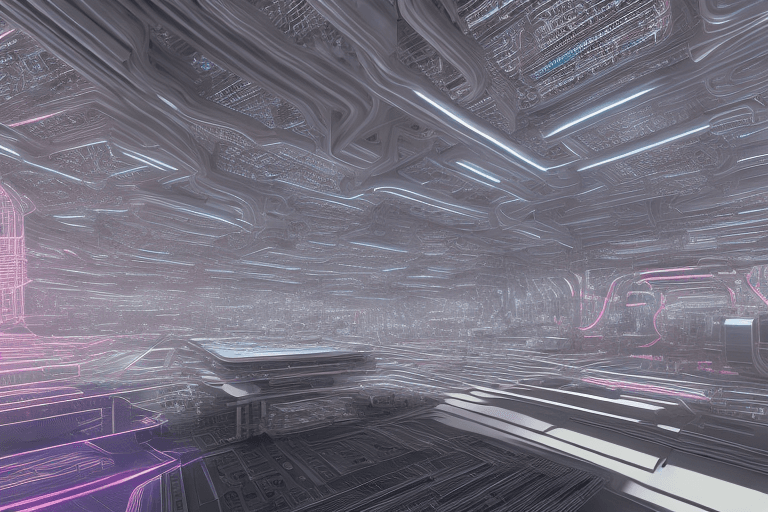 AI generated: a photorealistic 3 d seamless damask pattern of circuits metal tubes circuitboard futuristic robotic...