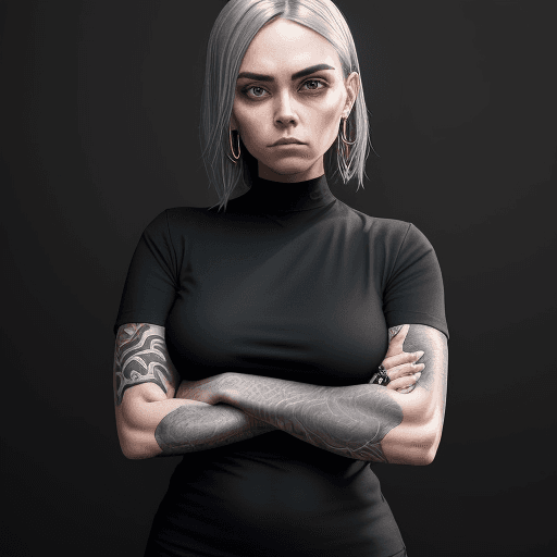 AI generated: a woman in black shirt with her arms folded against , in the style of tattoo, normcore, dark silver ...