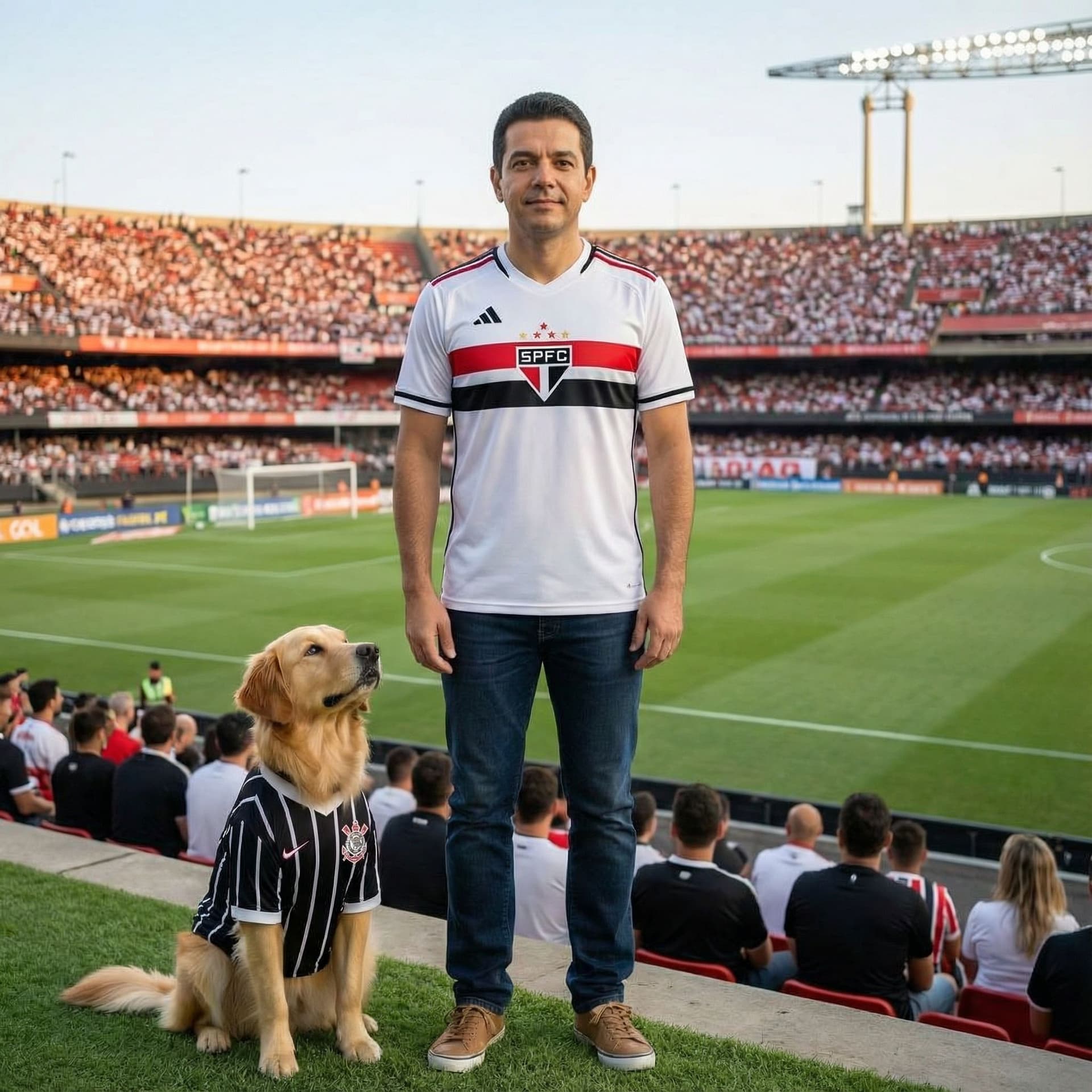 AI generated: Cachorro com camisa oficial do Corinthians,  e homem camisa oficial do São Paulo, em um estádio de f...