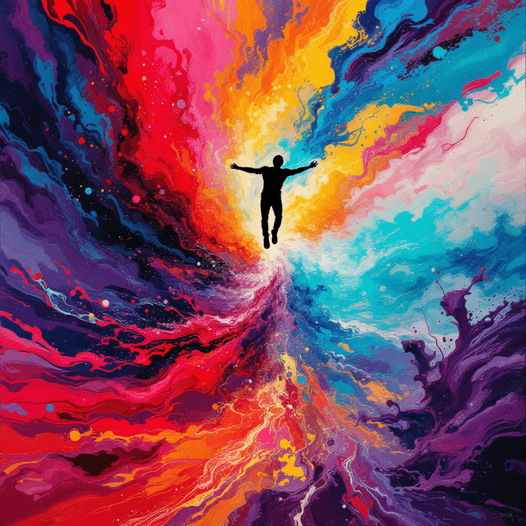 AI generated: artistic, water painting style, art piece showing a lone figure falling into an explosion of vibrant...