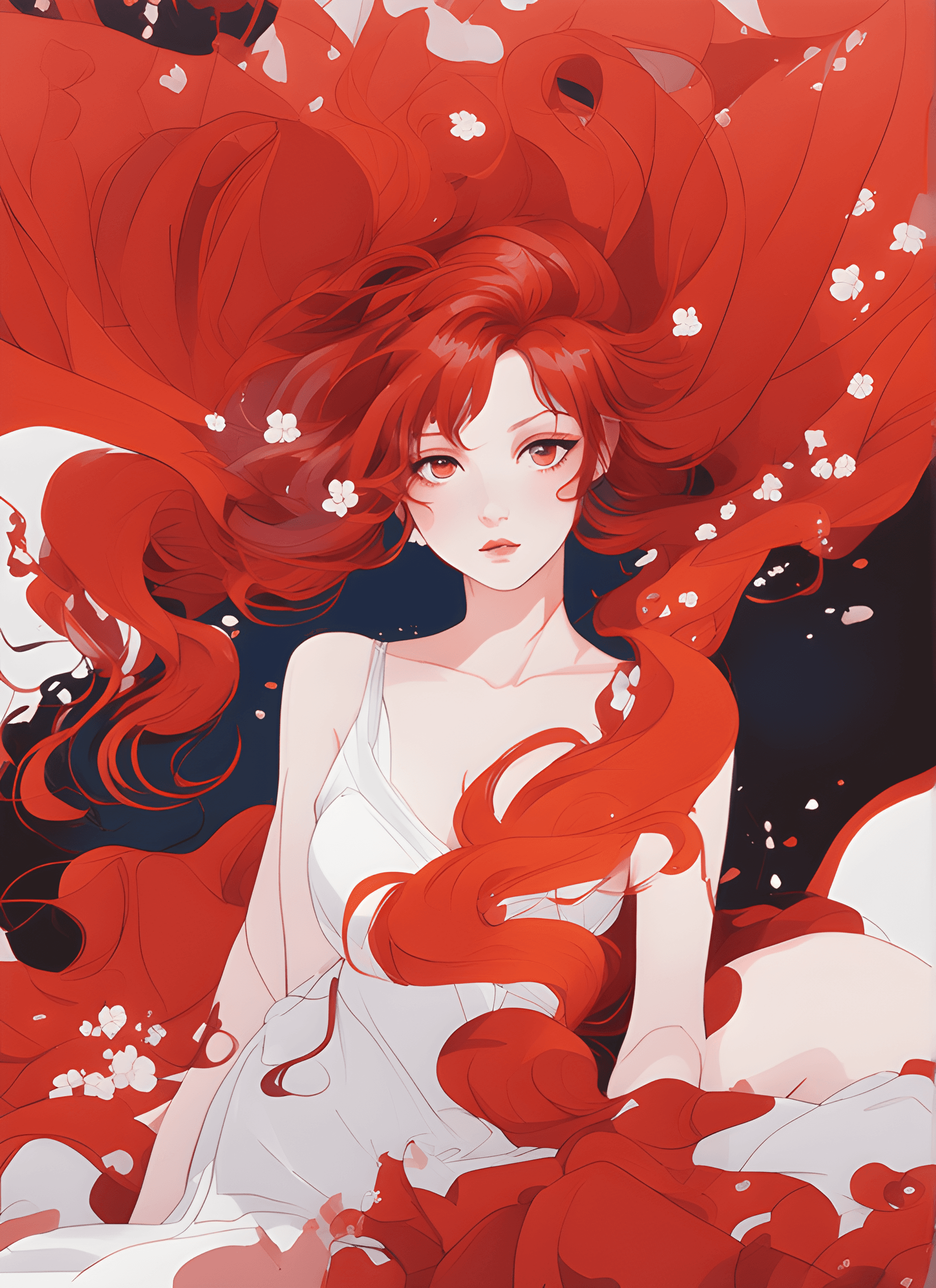 AI generated: anime art of a woman with red hair and a blue necklace, korean art nouveau anime, red haired goddess...