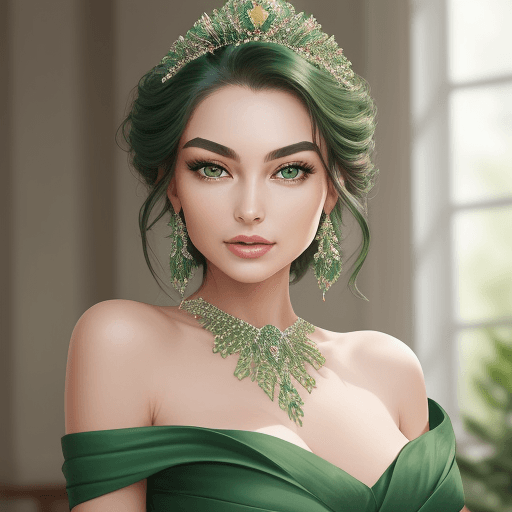 AI generated: Beautiful stunning woman in a formal green dress that radiates vitality and freshness, capturing the...