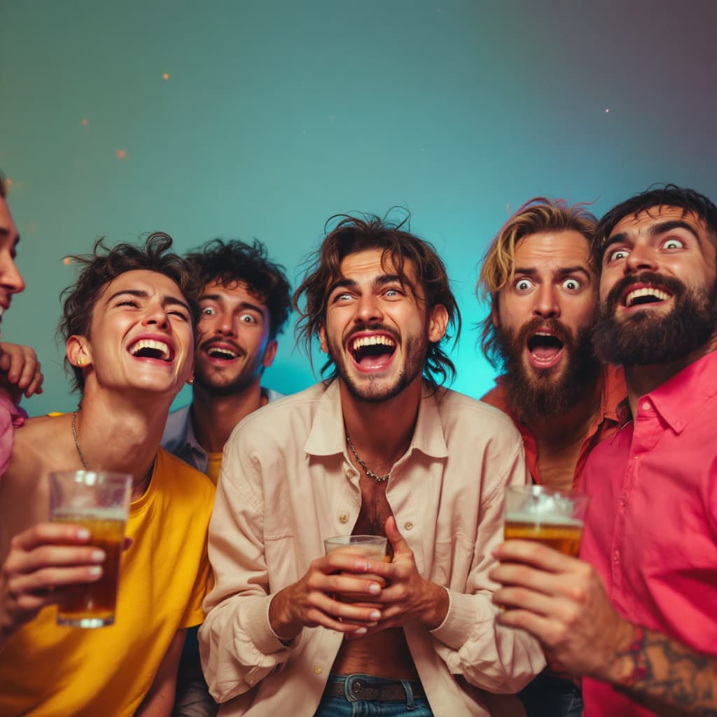AI generated: Hyperrealistic photo of a group of 5 Slavic friends, each showing a different emotional reaction: on...
