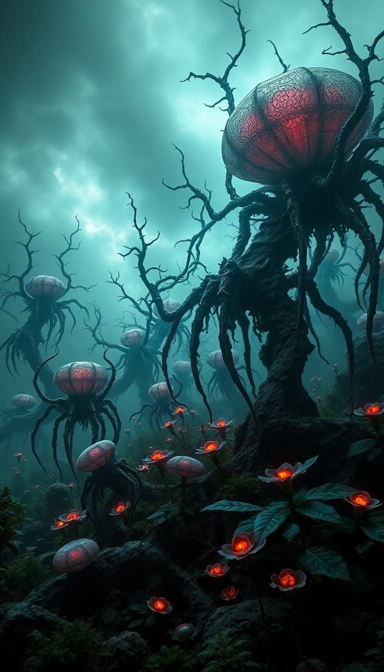 AI generated: Dark nightmare alien landscape fantasy, fantastical time warped landscape   Dark delvers nightmare h...