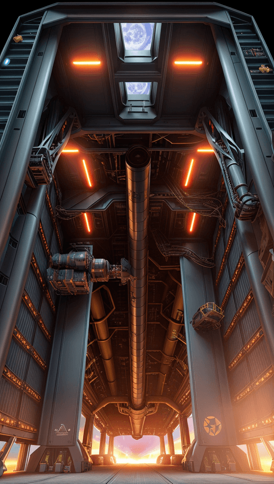 AI generated: A towering rocket hangar cross-section reveals multiple levels of platforms for constructing and mai...