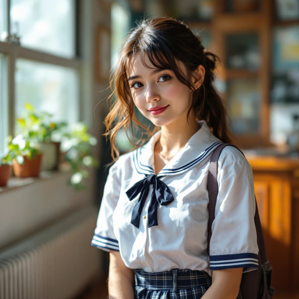 AI generated: a school girl in school clothes suited for really hot summer