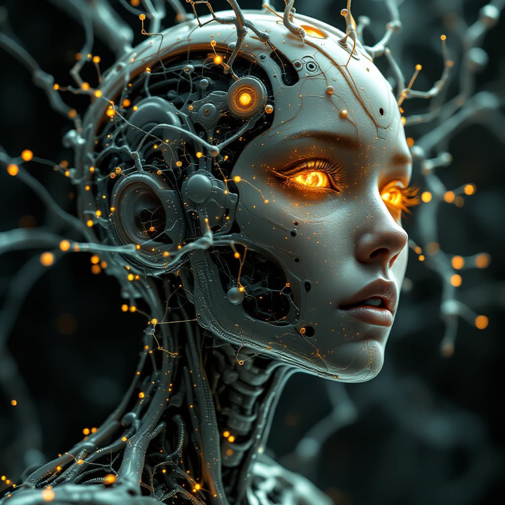 AI generated: A stunning illustration of an ethereal neural network organism, female full body is robotic skeleton...