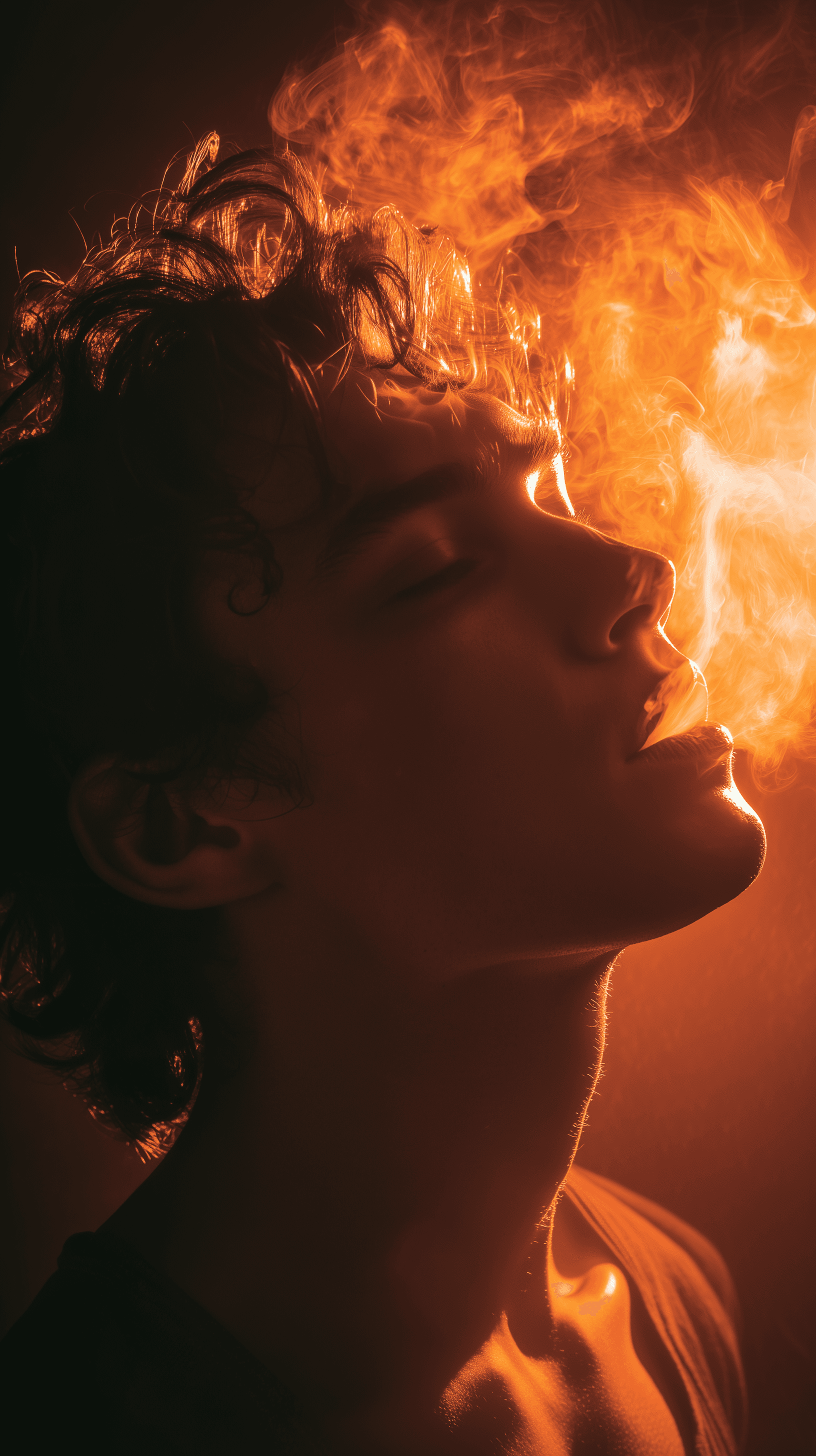 AI generated: cinematic close-up of a young man with vibrant orange smoke curling from his lips against a solid bl...