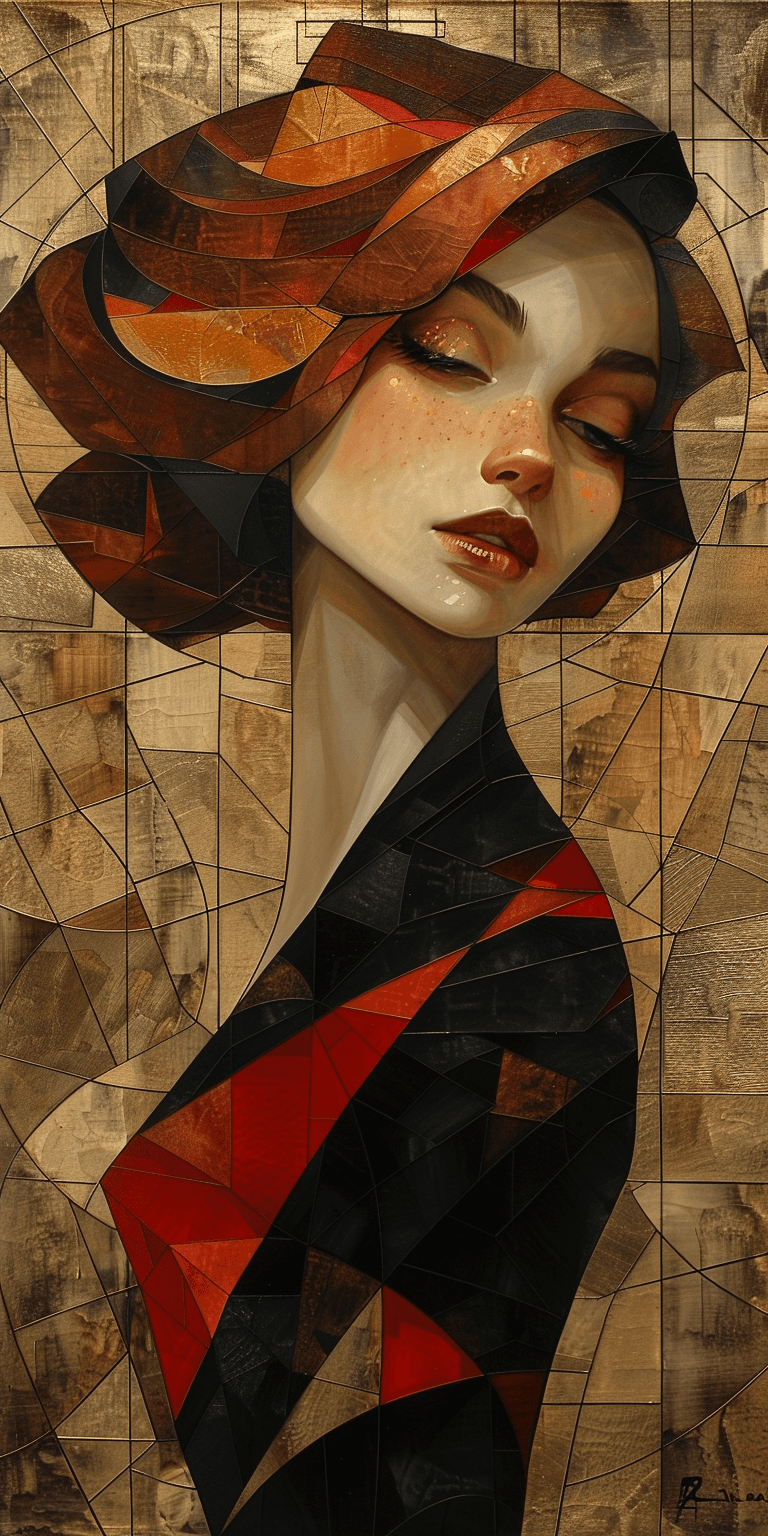 AI generated: oil painting of a beautiful woman, in the style of geometric shapes and lines, abstract, brown, blac...